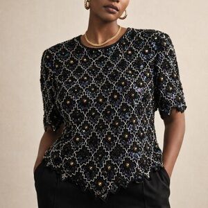Laurence Kazar Black Beaded Top Art Deco Sequin Vintage 80s Evening 1X